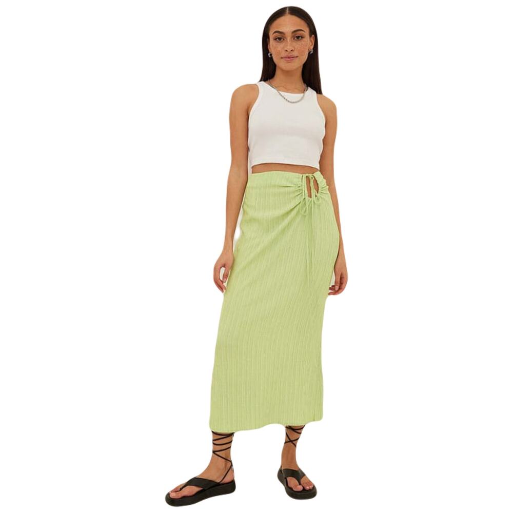 NWOT NA-KD Skirt 40~S Lime-Green Crinkled Ruch Cut-Out Bow-Drawstring Zip Midi